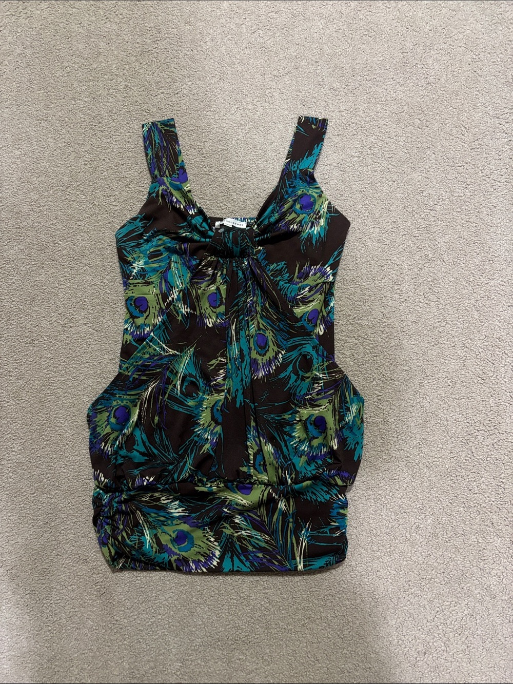 Peacock-Print Tank Top with Front Tie - Black, Teal & Green